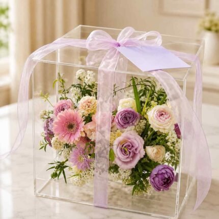 Floral gift box Lahore with pastel flowers and lilac ribbon.