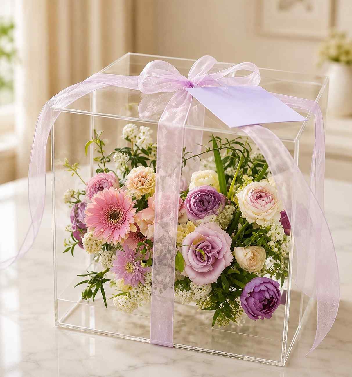 Floral Gift Box Lahore Floral gift box Lahore with pastel flowers and lilac ribbon.