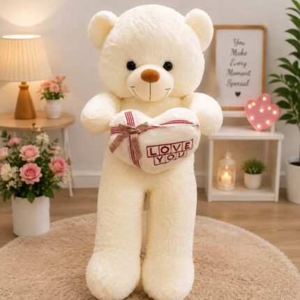 Teddy Bear Gift Pakistan with giant white plush teddy holding a love cushion
