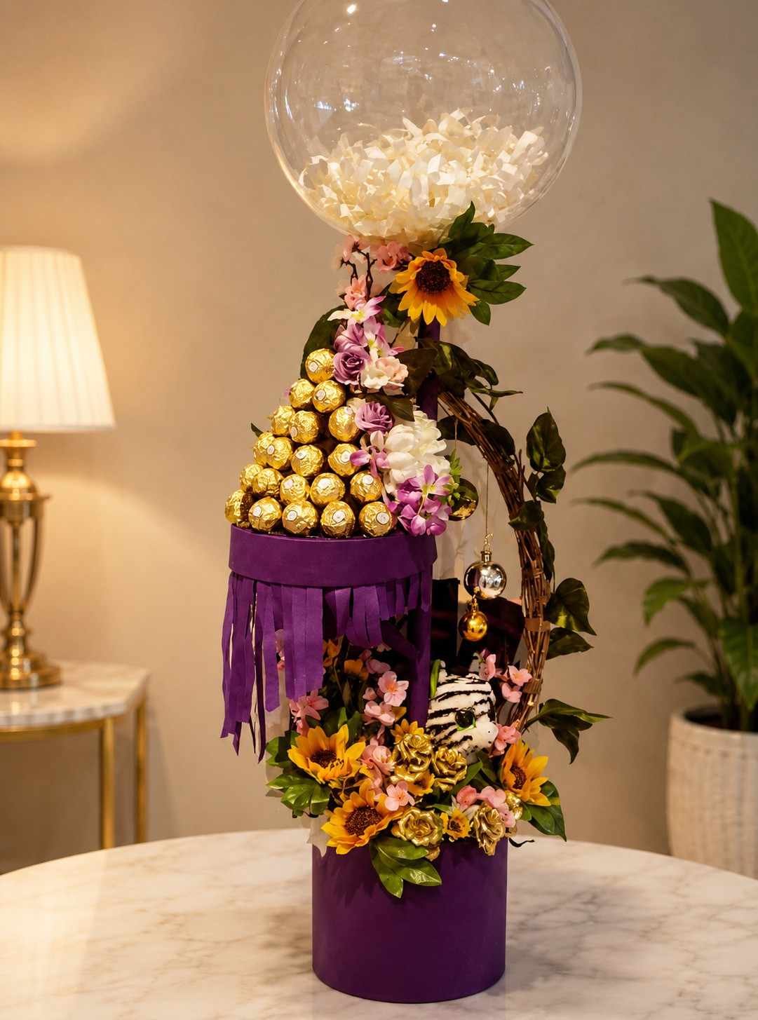 Luxury Chocolate Bloom Stand Chocolate Gift Pakistan luxury floral stand with Ferrero Rocher chocolates.