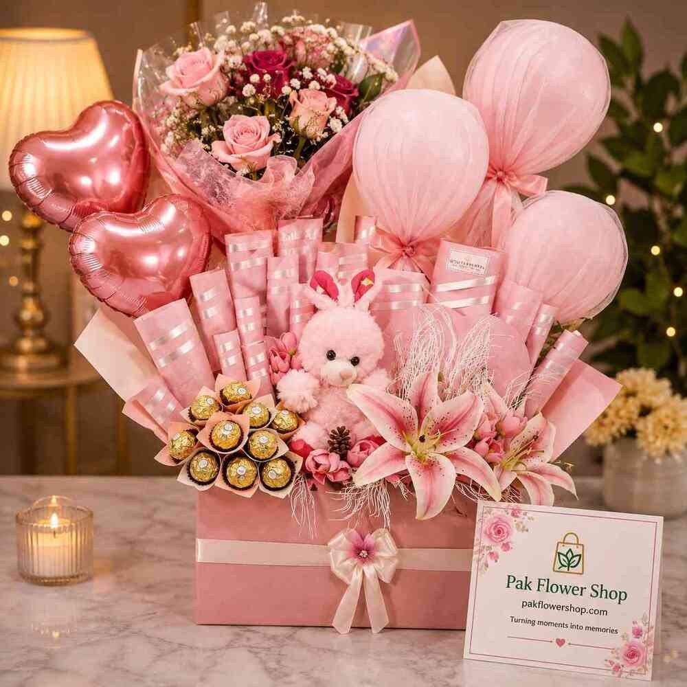 Luxury Celebration Hamper Gift Hamper Pakistan with flowers, chocolates, teddy bear, and balloons
