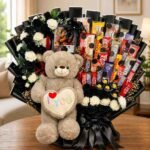 Chocolate gift bouquet Lahore with teddy bear flowers and chocolates