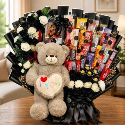 Chocolate gift bouquet Lahore with teddy bear flowers and chocolates