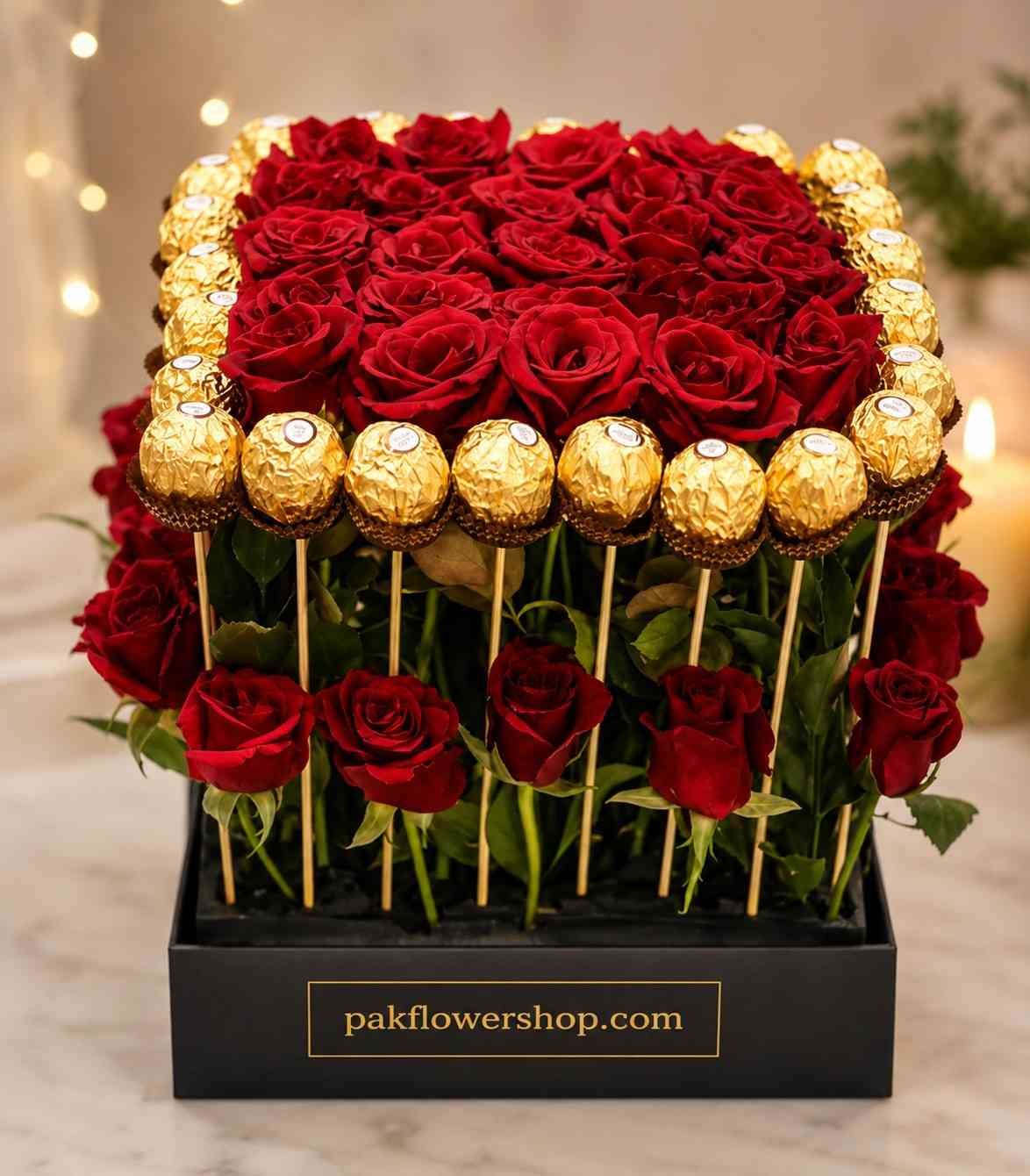 Luxury Rose Chocolate Box Rose Chocolate Box Pakistan with fresh red roses and premium Ferrero Rocher chocolates