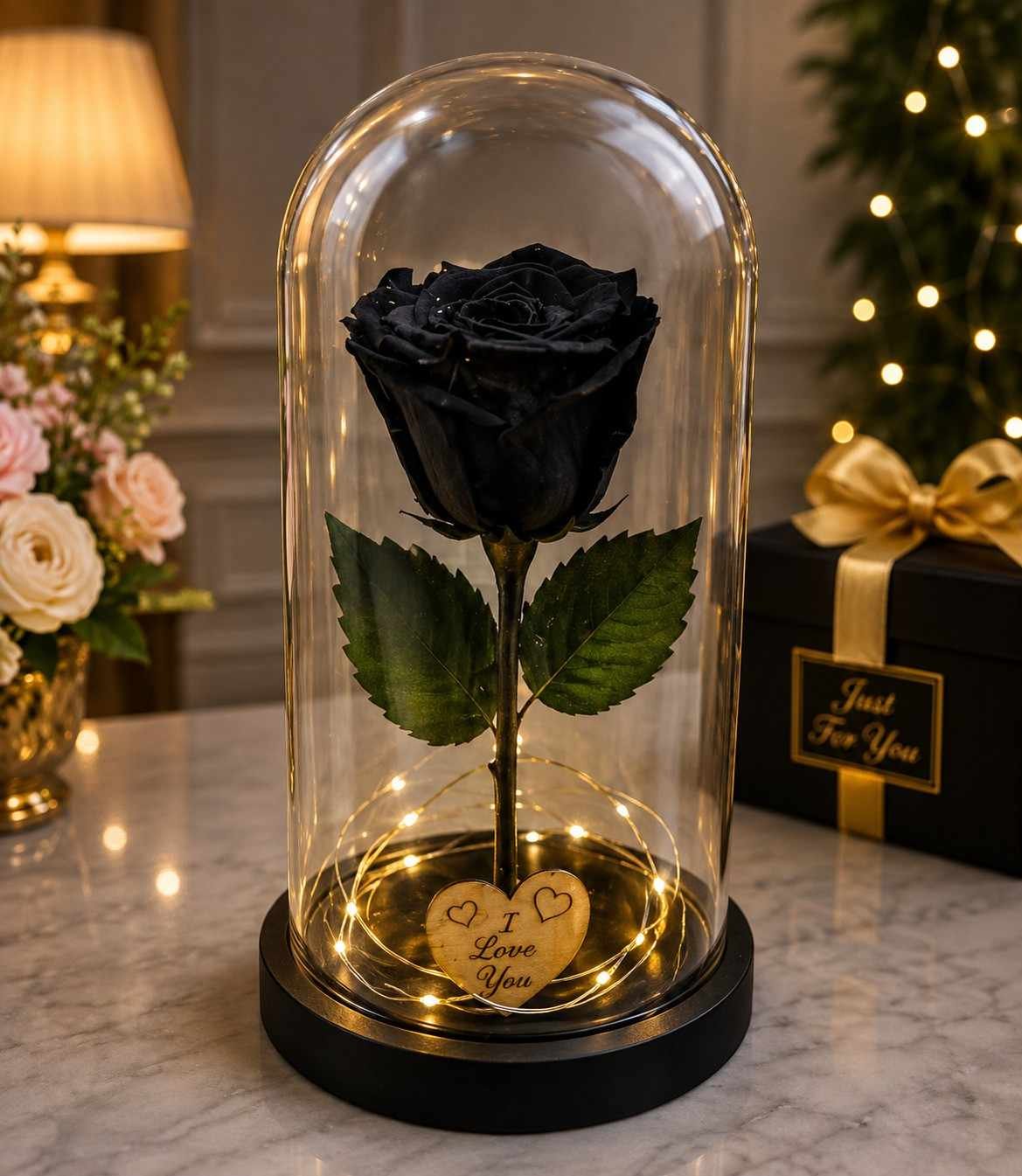 Black Rose Gift Lahore black rose gift Lahore in glass dome with warm fairy lights