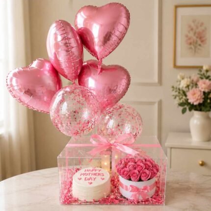 Mother’s Day gift Lahore with pink roses cake and balloons.