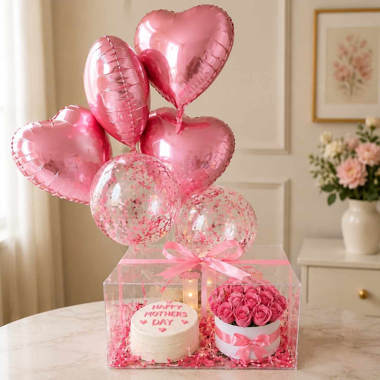 Mother’s Day Gift Lahore Mother’s Day gift Lahore with pink roses cake and balloons.