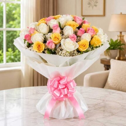 Mixed Rose Bouquet Lahore with pink white and yellow roses