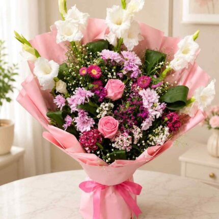 Flowers for her Lahore with pink roses and mixed blooms.