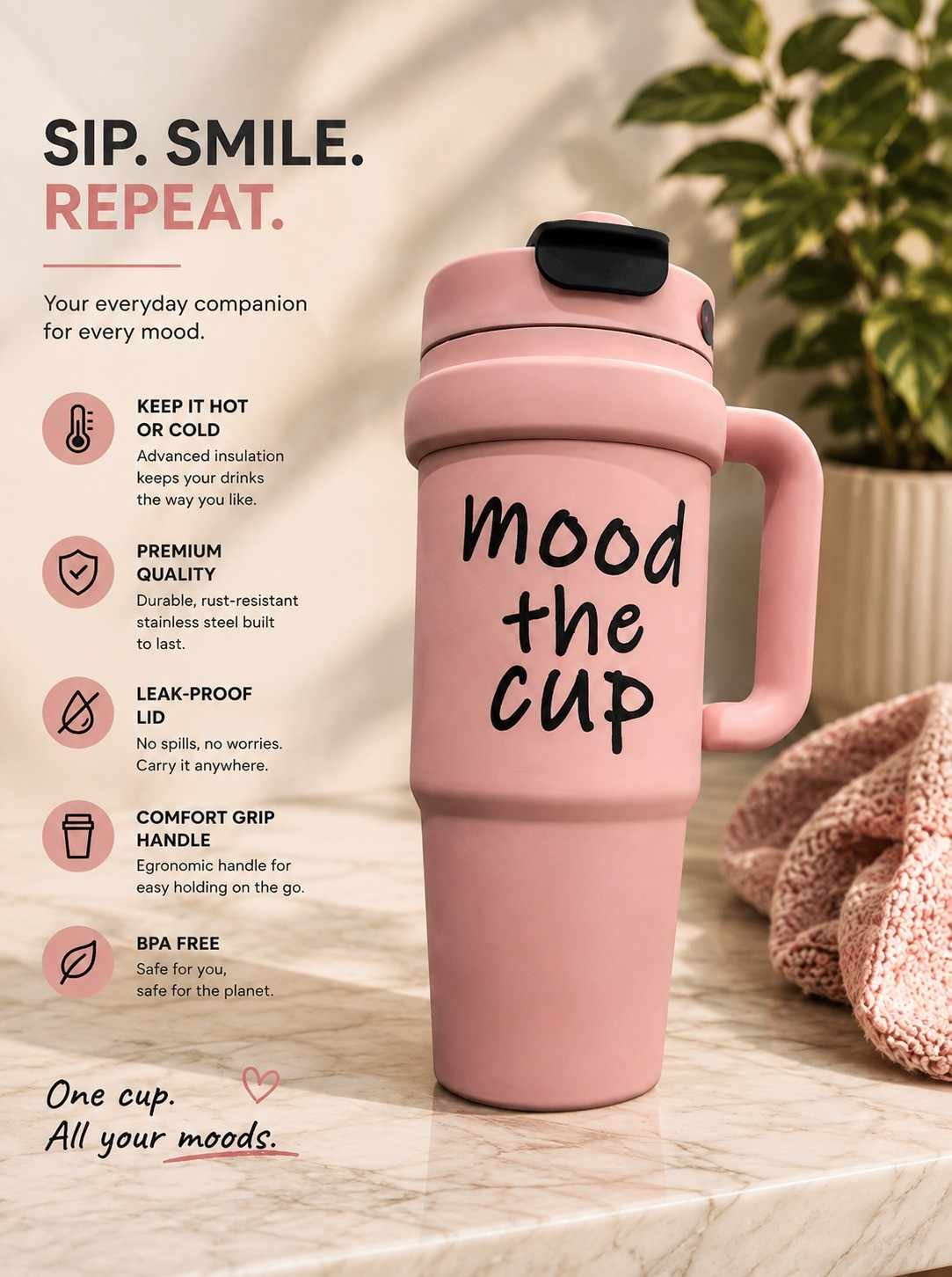 Travel Tumbler Cup Lahore – Blush Mood Tumbler Travel Tumbler Cup Lahore in pink with insulated body and comfort handle
