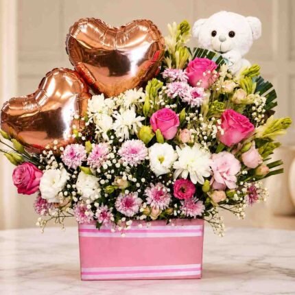 Flower Gift Box Lahore with pink roses teddy bear and heart balloons