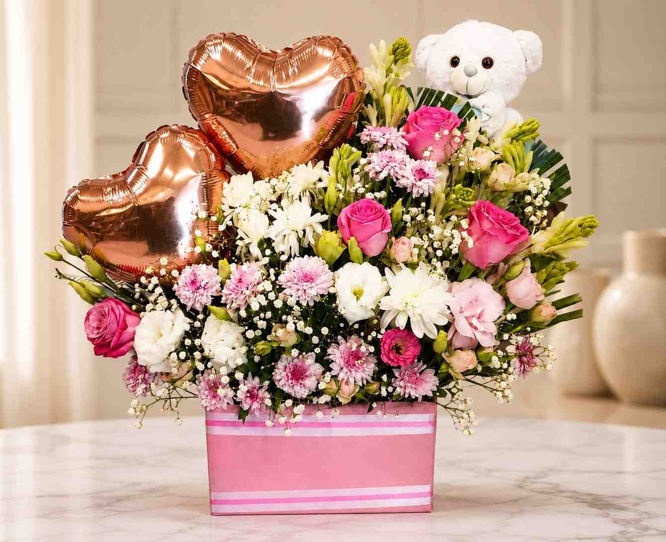 Flower Gift Box Lahore Flower Gift Box Lahore with pink roses teddy bear and heart balloons