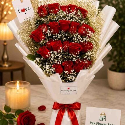 Red Rose Bouquet Pakistan with fresh red roses and baby's breath