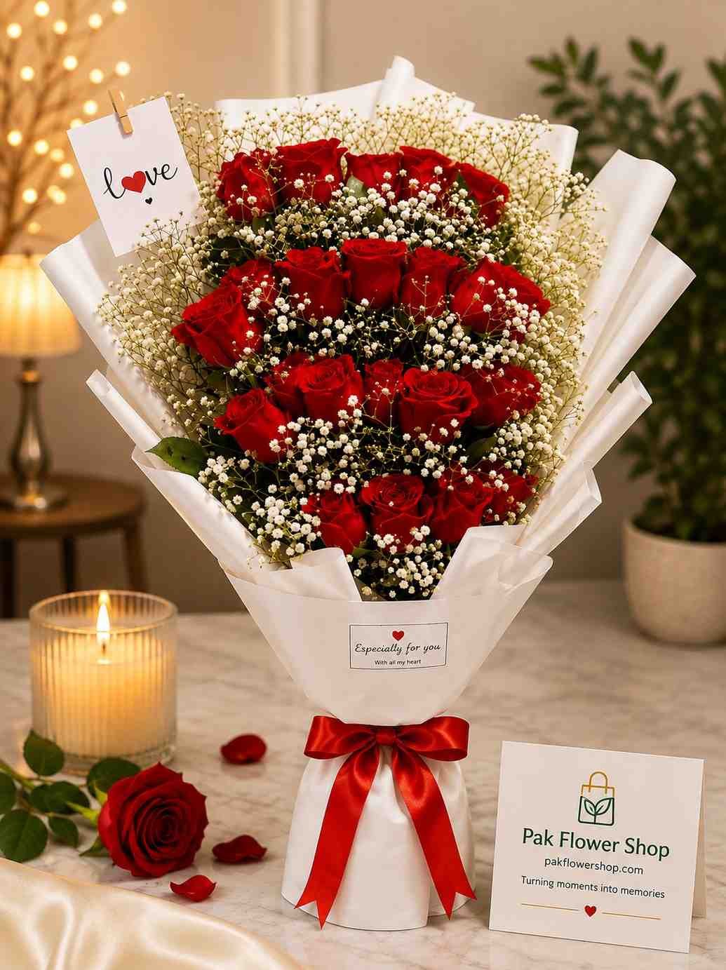 Luxury Red Rose Bouquet Red Rose Bouquet Pakistan with fresh red roses and baby's breath