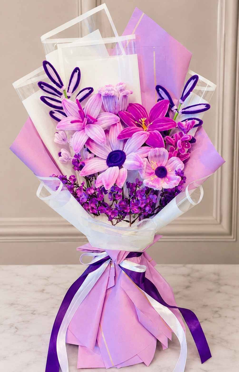 Purple Bloom Bouquet Lahore flower bouquet with purple and pink fresh flowers in elegant gift wrapping.