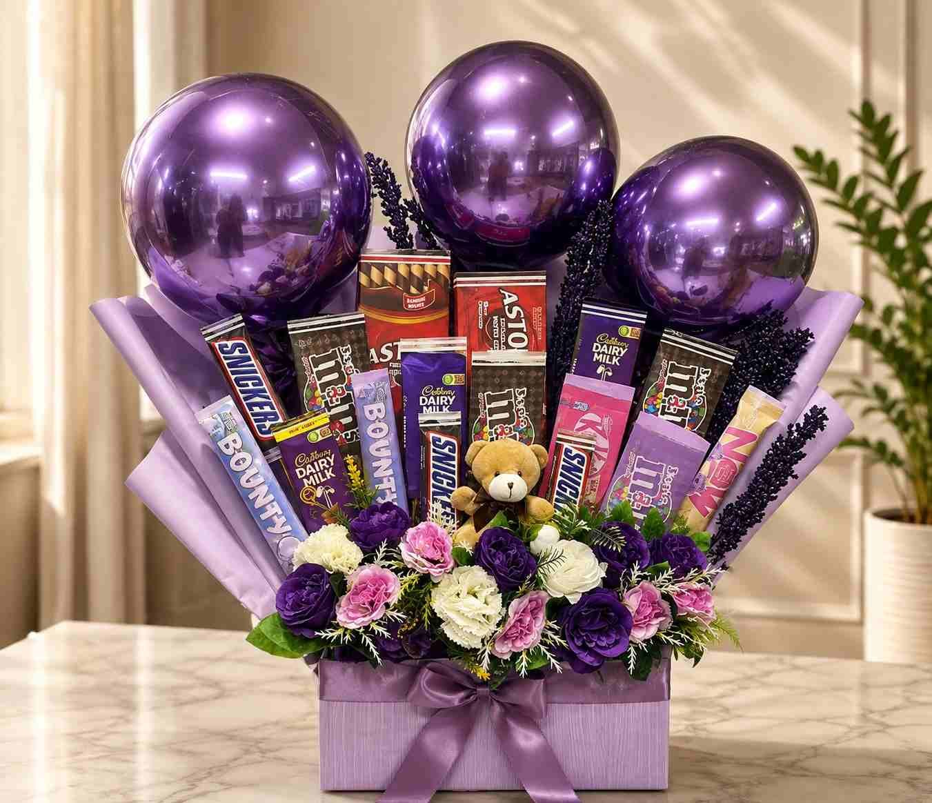 Chocolate Gift Bouquet Lahore Chocolate gift bouquet Lahore with assorted chocolates, flowers, balloons, and teddy bear