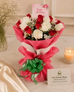 Rose Bouquet Pakistan with fresh red and white roses in elegant wrapping