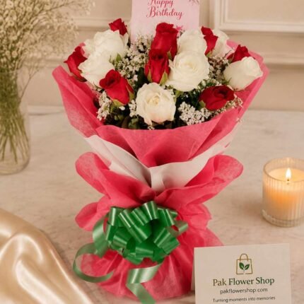 Rose Bouquet Pakistan with fresh red and white roses in elegant wrapping