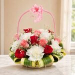 Flower basket Lahore with red pink roses and white flowers