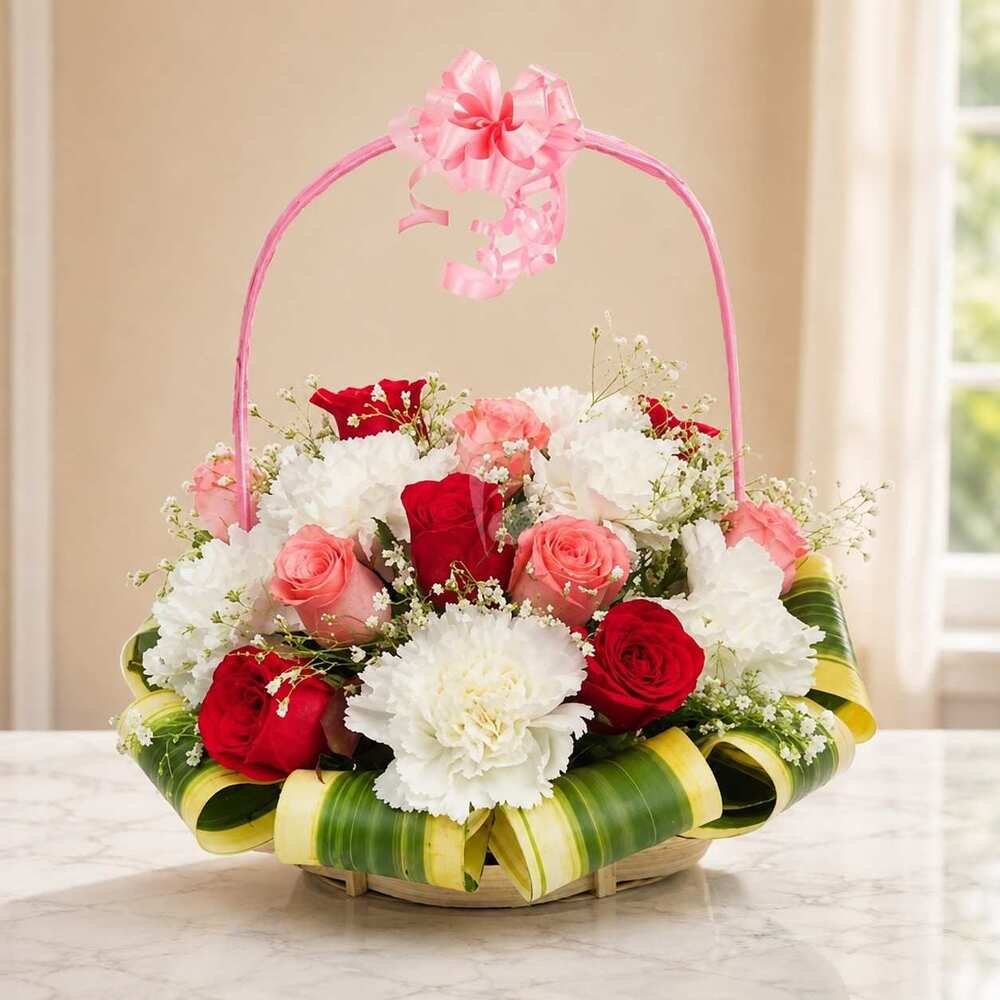 Flower Basket Lahore Flower basket Lahore with red pink roses and white flowers
