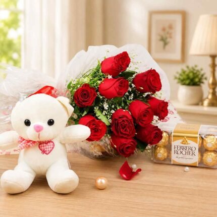 Rose gift combo Lahore with red roses teddy bear and chocolates.
