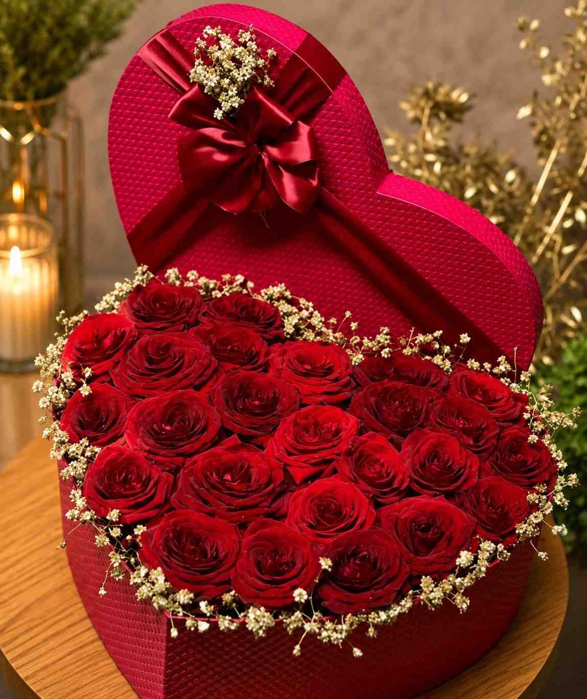 Luxury Rose Heart Box Lahore Rose Box Lahore with fresh red roses in a luxury heart-shaped gift box.