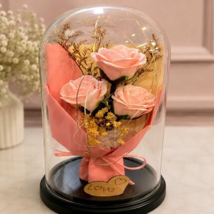 Flower gift Lahore with pink roses inside an elegant glass dome.