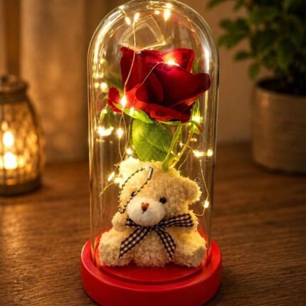 Teddy Bear Gift Lahore with Red Rose and Fairy Lights