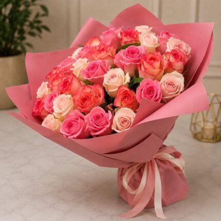 Premium rose bouquet Lahore with fresh pink and peach roses.