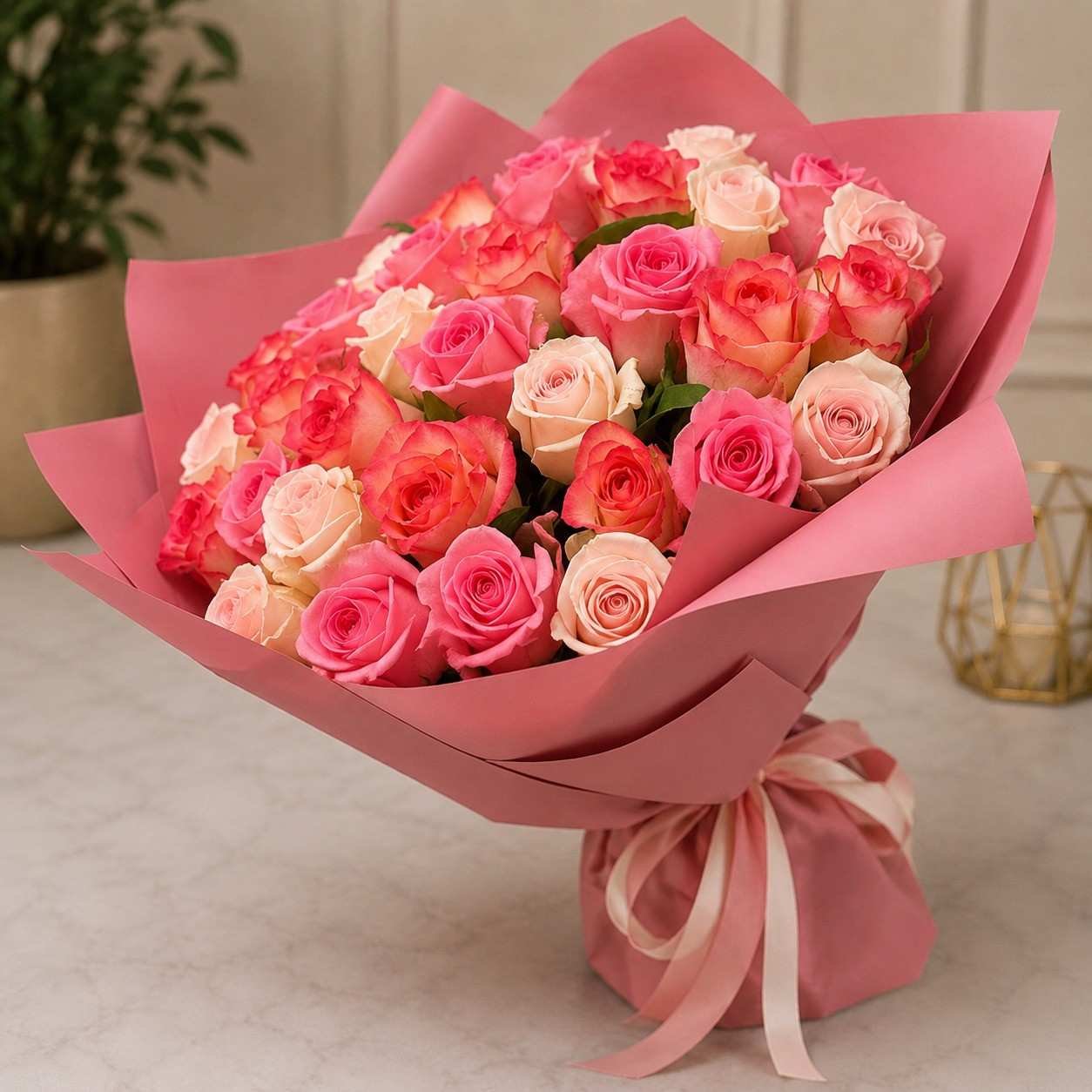 Rosy Elegance Bouquet Premium rose bouquet Lahore with fresh pink and peach roses.