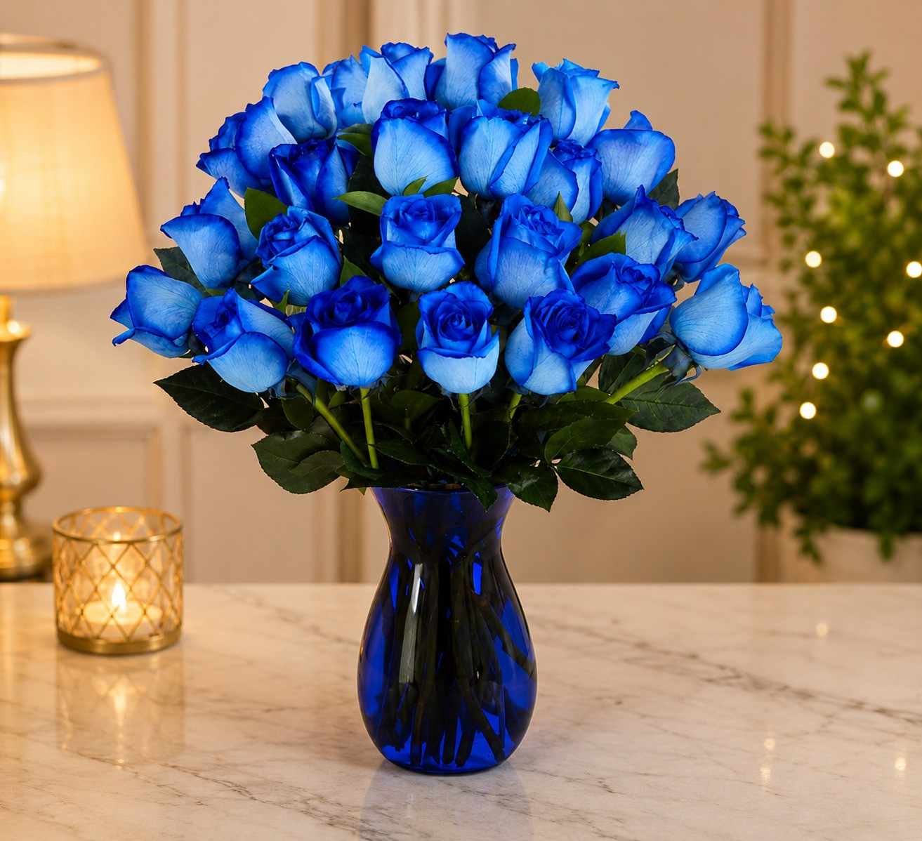 Blue Rose Arrangement blue rose arrangement in cobalt glass vase