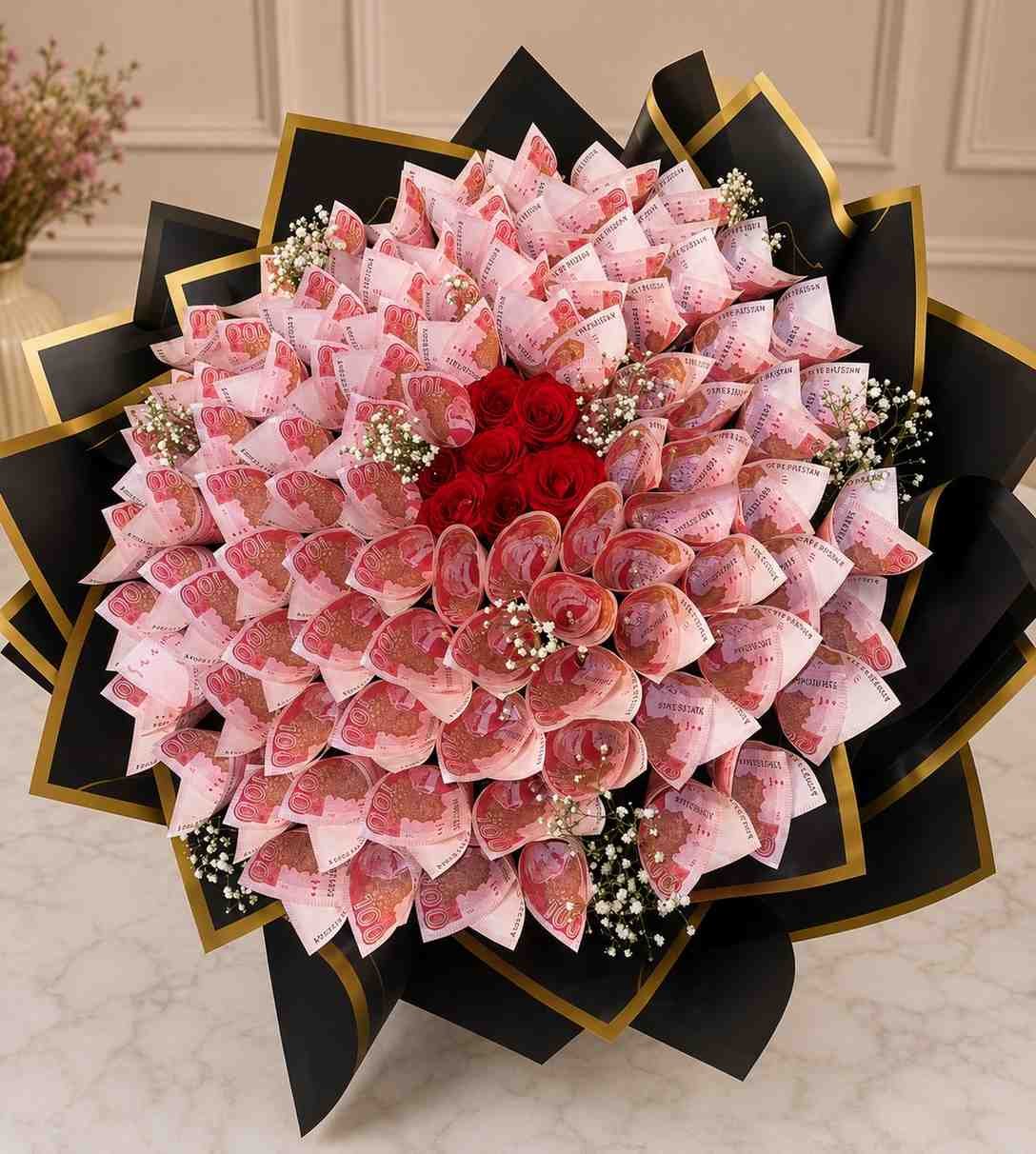 Royal Cash Bouquet Cash bouquet Lahore with premium wrapping and fresh red roses.
