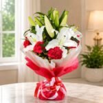 Lily Bouquet Lahore with white lilies and red carnations