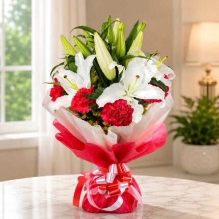 Lily Bouquet Lahore with white lilies and red carnations