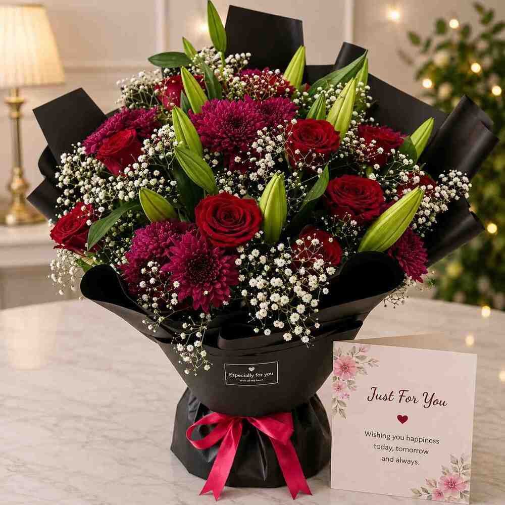 Luxury Mixed Flower Bouquet Mixed Flower Bouquet Pakistan with roses, lilies, chrysanthemums, and baby's breath