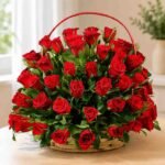 Red rose basket Lahore with fresh red roses.