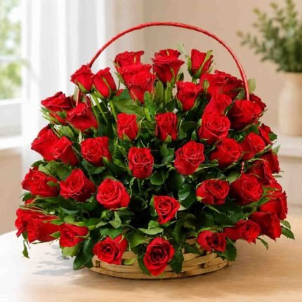Red rose basket Lahore with fresh red roses.