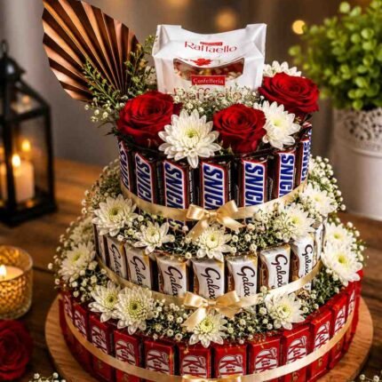 Premium chocolate hamper Pakistan with assorted chocolates, fresh roses, white flowers, and elegant tiered arrangement.