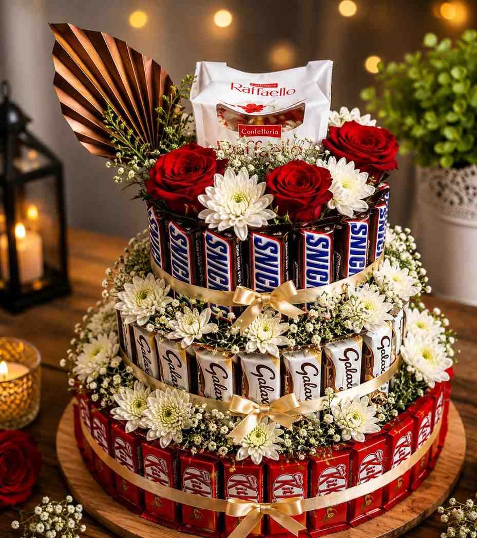 Tiered Chocolate Hamper Premium chocolate hamper Pakistan with assorted chocolates, fresh roses, white flowers, and elegant tiered arrangement.