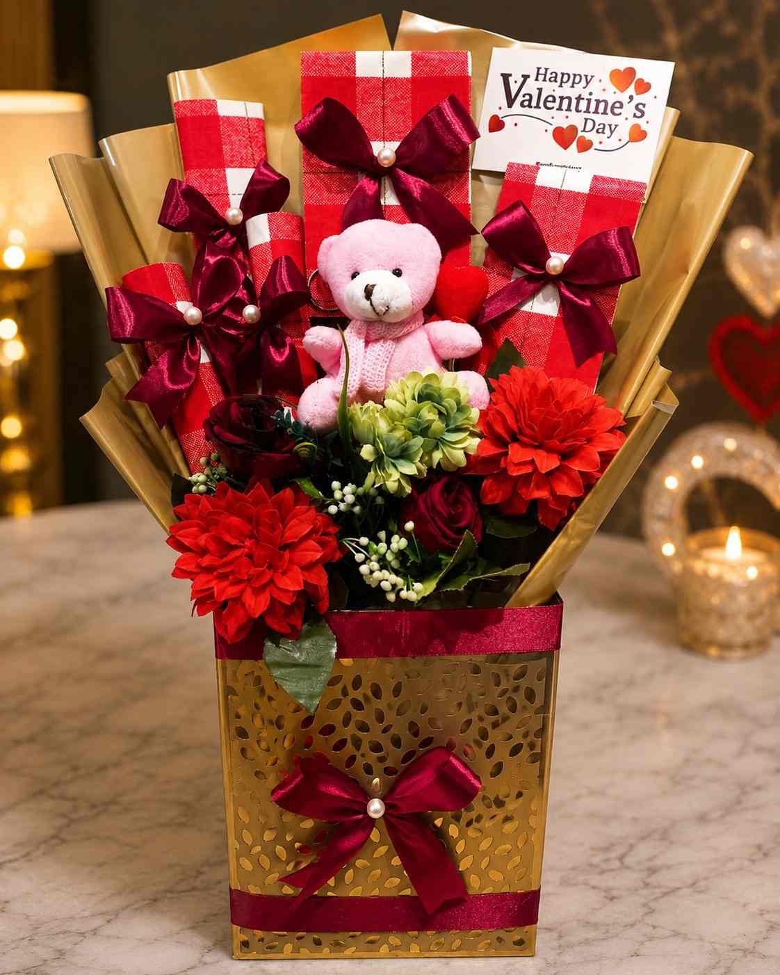 Valentine Gift Box Lahore Valentine gift box Lahore with red flowers, pink teddy bear, and greeting card
