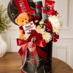 Valentine gift hamper with roses and teddy bear