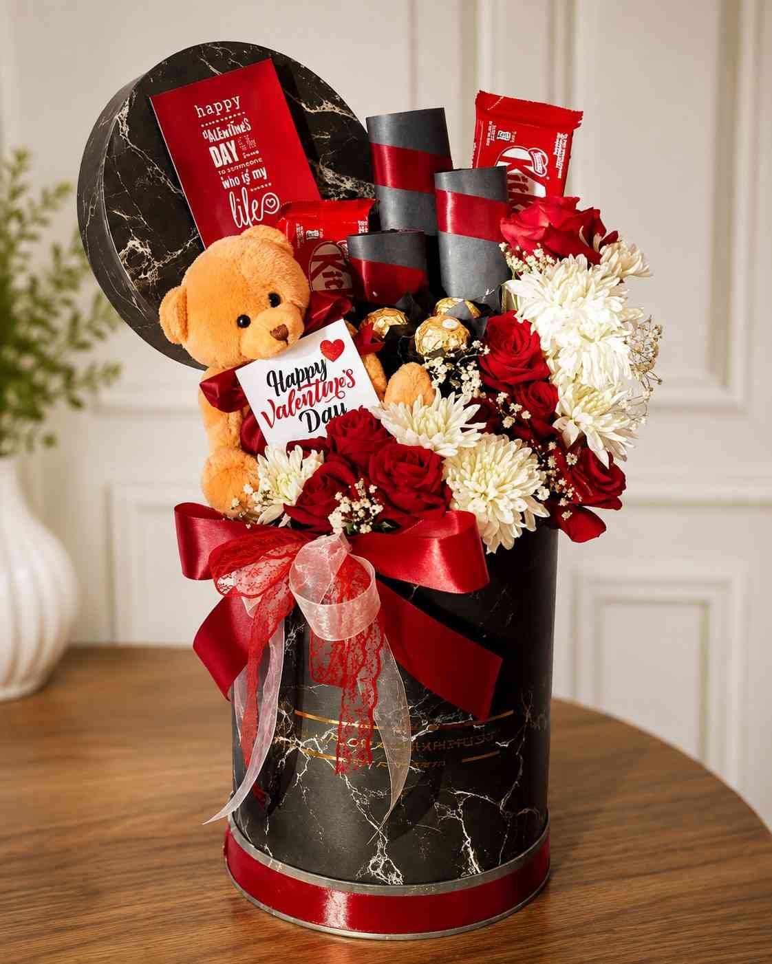 Valentine Gift Hamper Valentine gift hamper with roses and teddy bear