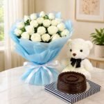 White rose gift combo Lahore with teddy bear and chocolate cake.