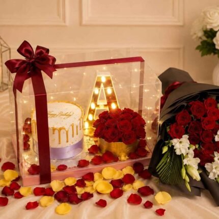 Clear gift box and floral bouquet featured at an online gift shop in Pakistan
