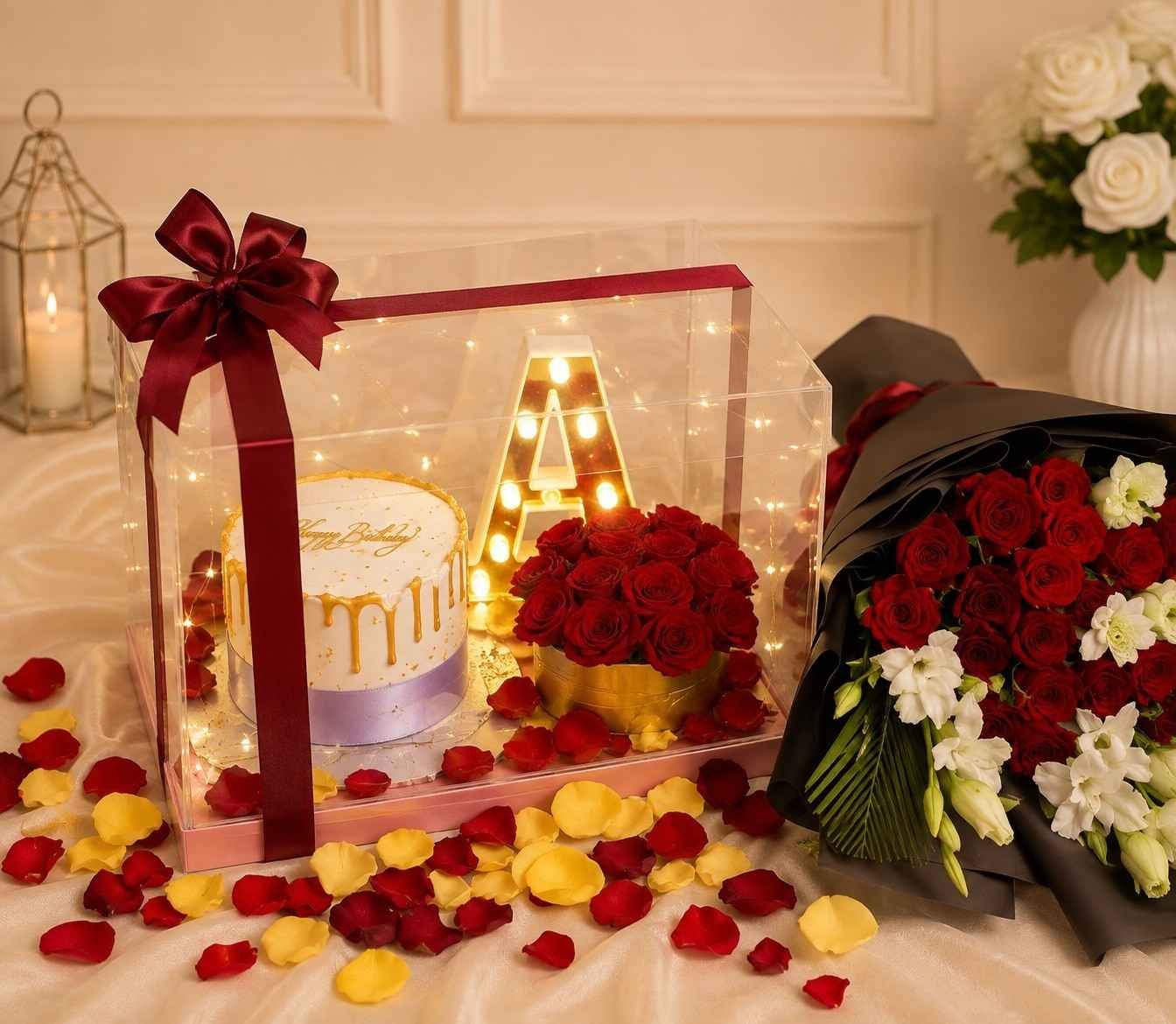Luxury Anniversary Gift Set from Online Gift Shop in Pakistan Clear gift box and floral bouquet featured at an online gift shop in Pakistan