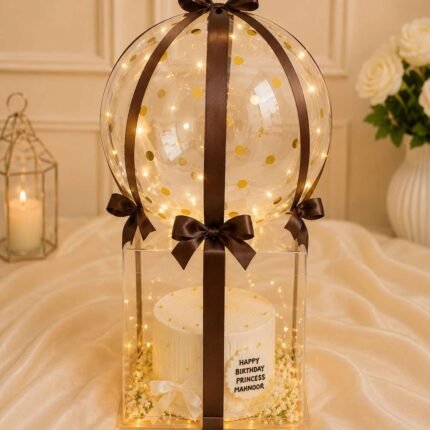Illuminated bubble balloon and cake stand designed for safe gift delivery in Pakistan