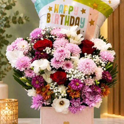 Birthday Flower Box Lahore with mixed flowers and birthday balloon