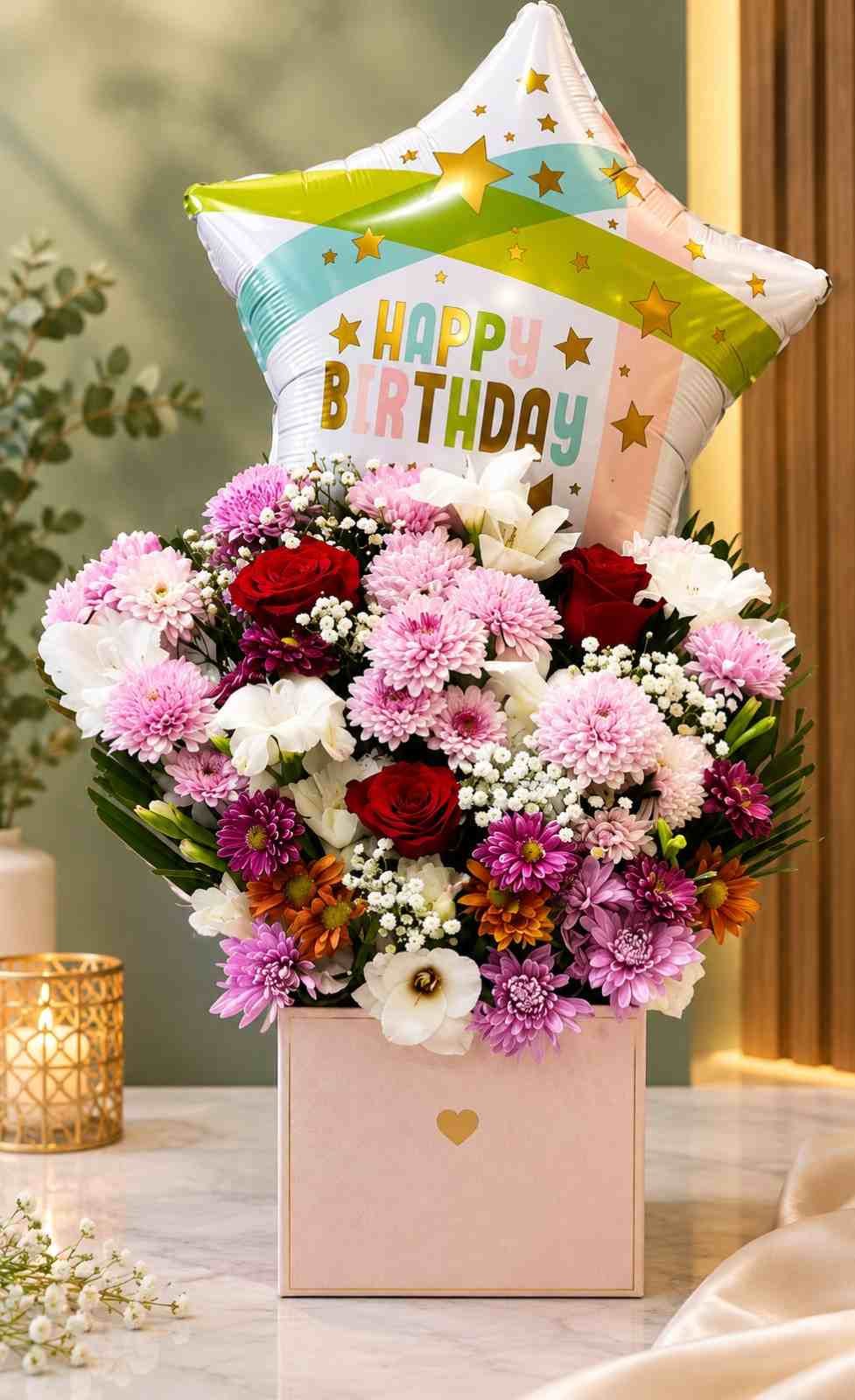 Birthday Flower Box Lahore Birthday Flower Box Lahore with mixed flowers and birthday balloon