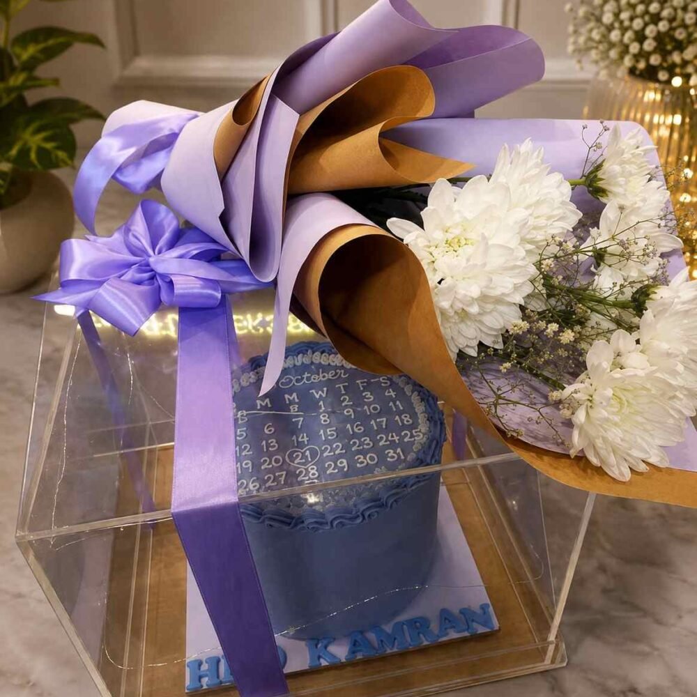 Birthday flower cake combo Lahore with white flowers and purple wrapping