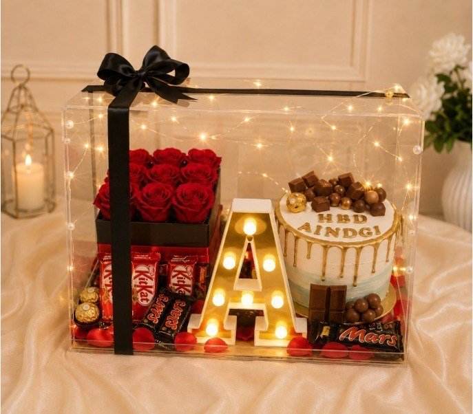 Birthday Letter and Chocolate Set to Send Gifts to Pakistan Clear gift box with a letter light and chocolates to send gifts to Pakistan